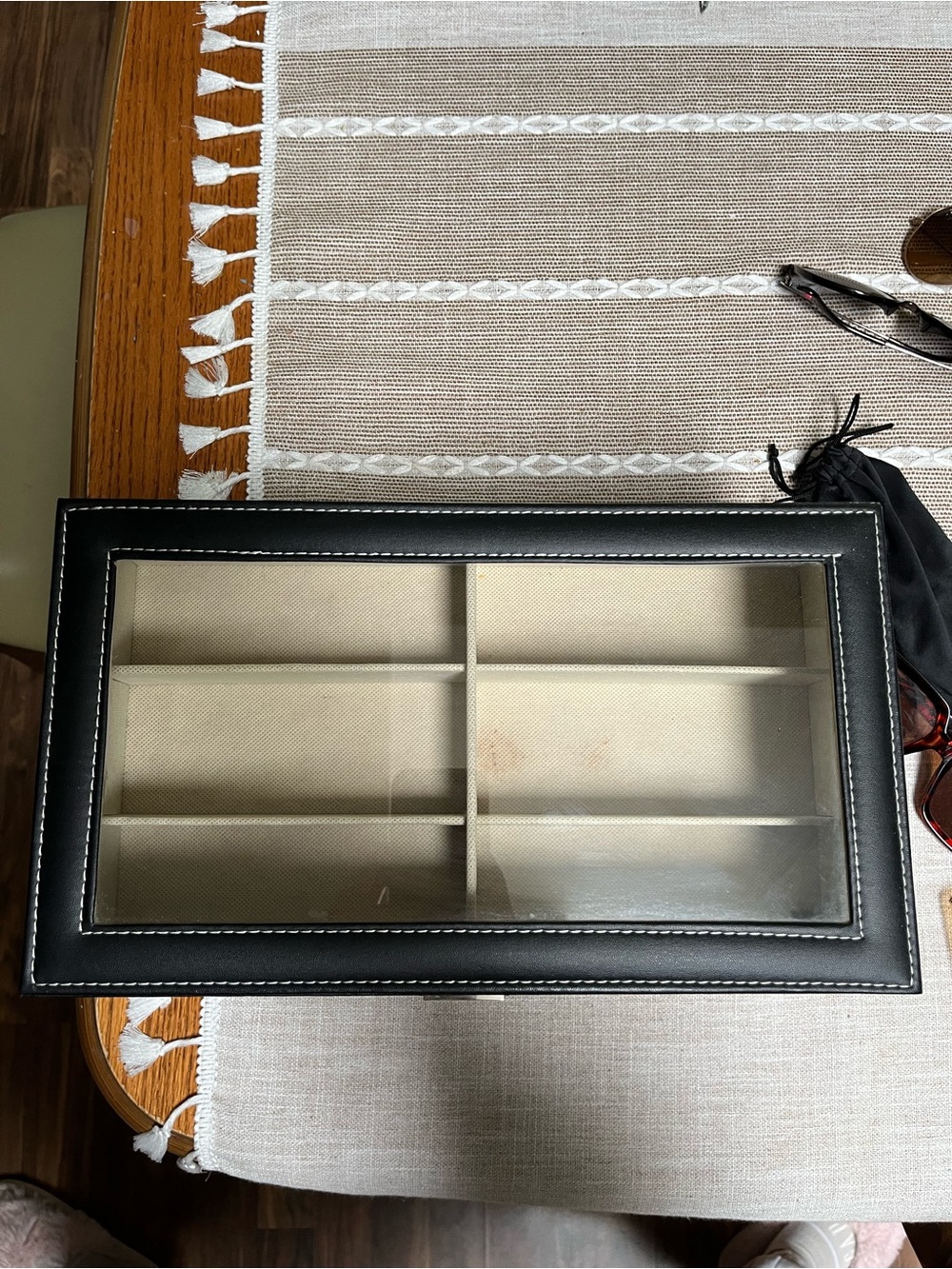 Black Leather Glass-Top Sunglasses Organizer Minimal Staining